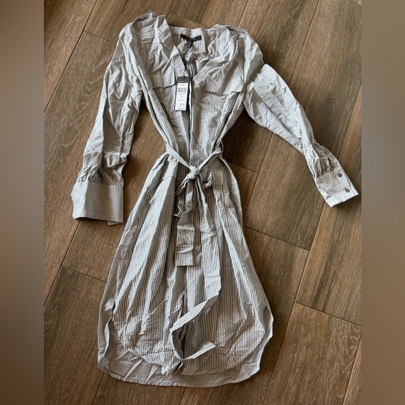 NWT BCBG grey combo pinstripe midi, curved hem dress size XS - Picture 2 of 13